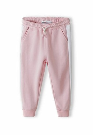 Pantalon de jogging rose pour tout-petit avec bandes blanches sur les côtés, taille élastique avec cordon blanc et poches avant, isolé sur fond blanc.