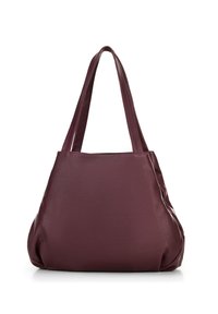 Borsa a tracolla in pelle bordeaux con due lunghe cinghie, texture morbida, design informale e leggera lucentezza, senza hardware o abbellimenti visibili.