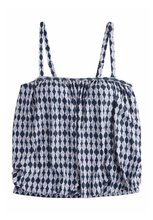 Kék-fehér mintás ujjatlan felső vékony pántokkal, a nyakvonal és az alsó szegély mentén ráncolt anyaggal díszítve.