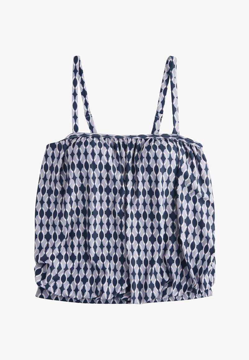Haut sans manches à motifs bleus et blancs avec fines bretelles et détails de tissu froncé le long de l'encolure et de l'ourlet.