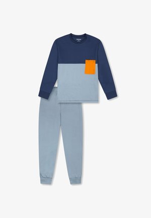 Blue and light blue long-sleeve top with an orange pocket, paired with matching light blue pants, crafted from soft fabric.