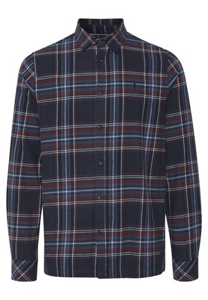 Navy blue plaid long-sleeve shirt with red and white stripes, button-down collar, and front buttons. Soft fabric with a relaxed fit.