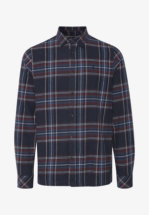 Navy blue plaid long-sleeve shirt with red and white stripes, button-down collar, and front buttons. Soft fabric with a relaxed fit.
