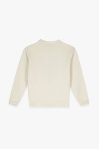 Sweter dzianinowy w odcieniu ecru, z okrągłym dekoltem, długimi rękawami oraz ściągaczami u dołu i przy mankietach. Gładka tekstura, prosty design.