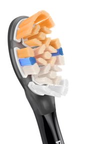 Tête de brosse à dents électrique avec des poils coniques orange, blancs et bleus, montée sur un manche ergonomique noir à la forme courbée.