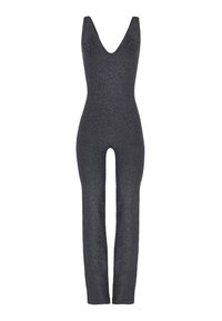 Combinaison noire ajustée sans manches avec un décolleté en V profond et une texture côtelée. Présente une découpe entre les jambes. Fini pailleté.