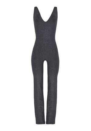 Zwarte, getailleerde, mouwloze jumpsuit met een diepe V-hals en geribbelde textuur. Heeft een uitsnijding tussen de benen. Glinsterende afwerking.