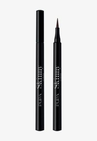 Czarny eyeliner w długopisie z cienką, ostrą końcówką, oznaczony napisem "Pupa Skinny Liner" w srebrnym kolorze. Smukły projekt, matowe wykończenie, bez dodatkowych ozdób.