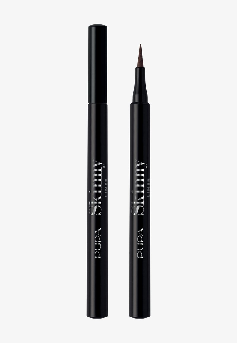 Czarny eyeliner w długopisie z cienką, ostrą końcówką, oznaczony napisem "Pupa Skinny Liner" w srebrnym kolorze. Smukły projekt, matowe wykończenie, bez dodatkowych ozdób.