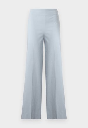 Pantalon large bleu clair à taille haute, en tissu lisse et uni, présenté sur un fond blanc uni.