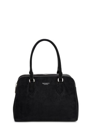Borsa a mano in pelle nera Diana & Co con doppi manici e cerniera argento sulla parte superiore, forma compatta e strutturata.