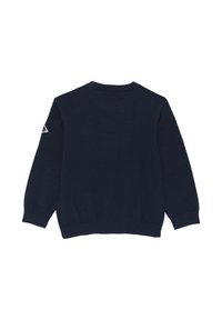 Maglione a collo rotondo di colore blu navy in maglia, con polsini e orlo a coste, caratterizzato da un logo triangolare sulla manica sinistra.