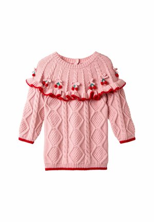 Rosa gestrickter Pullover mit Zopfmuster, Rüsche in Rot und dekorativen Schleifen mit kleinen grünen und roten Pompons rund um den Ausschnitt.