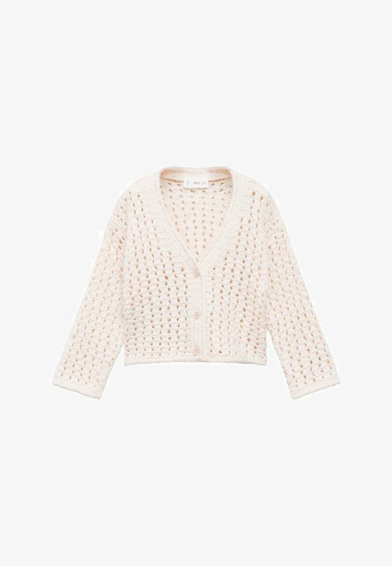 Háčkovaná cardigan v svetlej krémovej farbe s V-vystrihom, dlhými rukávmi a zapínaním na gombíky. Obsahuje otvorený vzor po celej ploche.