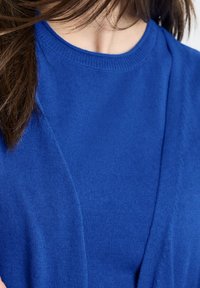 Blå stickad tröja med rundad halsringning och ribbade detaljer. Texturen är mjuk och slät, med en avspänd passform.