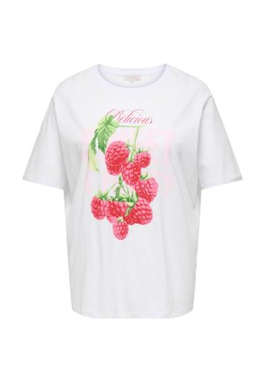 Weißes Kurzarm-T-Shirt mit einer Himbeerzweig-Grafik und dem Wort "Lecker" über der Frucht gedruckt.