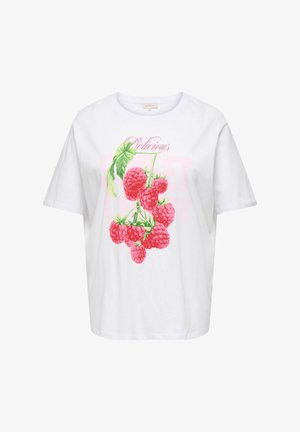 Bijela majica kratkih rukava s grafikom grane maline i natpisom "Ukusno" iznad voća.