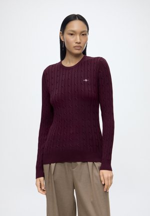Jeune femme aux longs cheveux foncés porte un pull torsadé ajusté couleur bordeaux et un pantalon beige ample sur un fond clair uni.