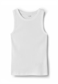 Witte mouwloze tanktop gemaakt van geribbeld stof. Ronde halslijn met gestikte randen. Label binnenin met daarop "TWO SOON," maat "S." Gladde textuur.
