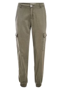 Olive green cargo pants made of soft fabric, featuring elastic cuffs, multiple side pockets, and a button closure at the waist.