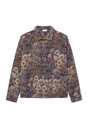 Floral patterned button-up shirt featuring a collared neckline, long sleeves, and a multicolored design with shades of purple, cream, and burgundy.