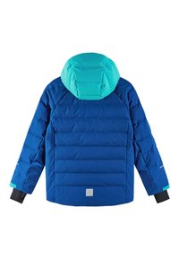 Blau gepolsterte Jacke mit einer türkisfarbenen Kapuze. Zu den Merkmalen gehören horizontale Nähte, schwarze Bündchen und ein kleines Logo auf der unteren Rückseite.