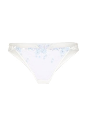 Witte bikini-onderbroek met doorschijnende zijkanten en delicate lichtblauwe bloemenborduursels op het voorpaneel.