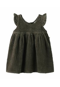 Robe en velours côtelé vert foncé avec un motif à côtes texturé, jupe évasée et détails froncés aux épaules. Encolure ronde classique.