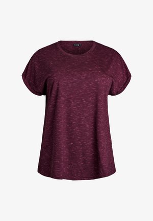 Burguignon-rote Kurzarm-T-Shirt mit Rundhalsausschnitt, weichem Material und subtilen gesprenkelten Mustern. Lässige, lockere Passform.