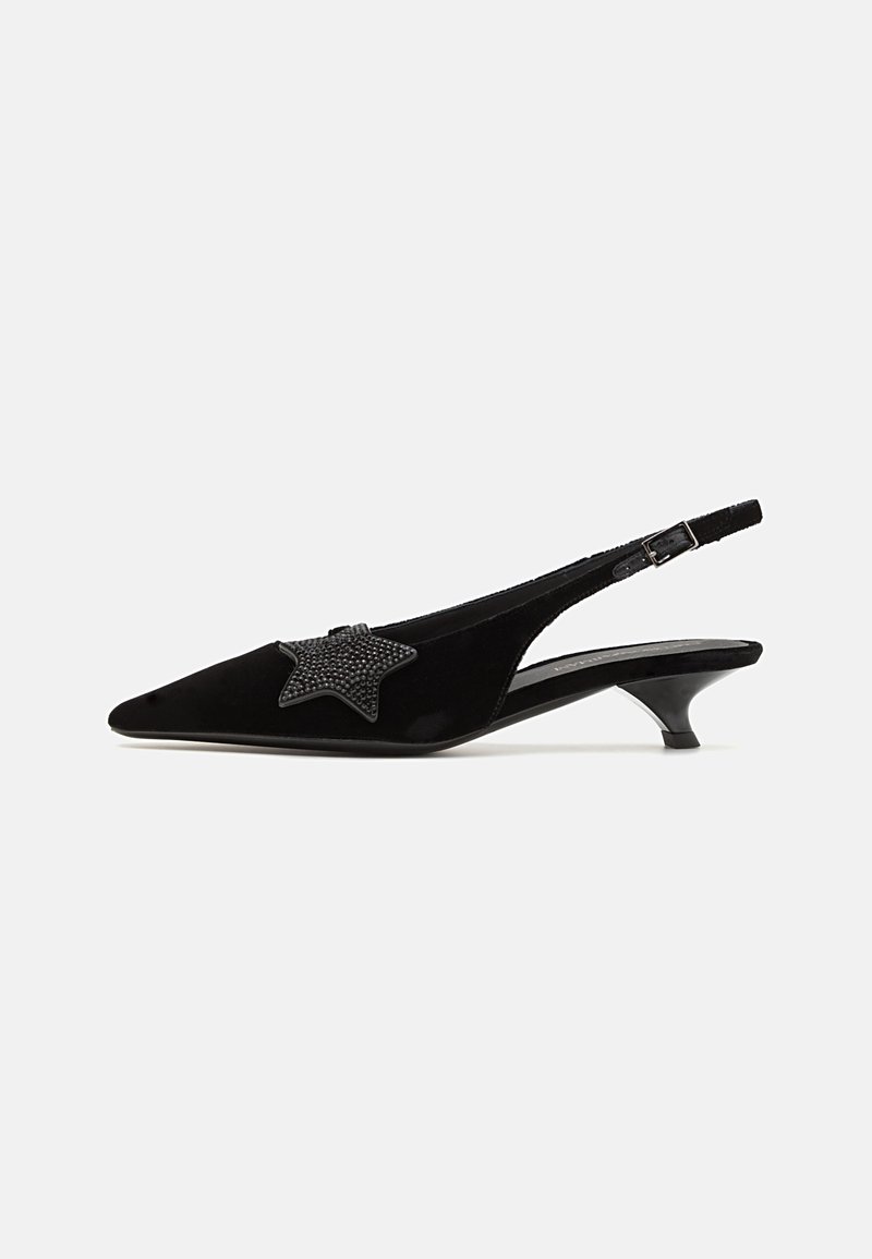 Black satin slingback heels with a pointed toe, featuring a star-shaped embellishment. Low cone heel, adjustable strap, smooth texture.