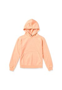 Sweat à capuche en tissu doux de couleur pêche clair. Il présente une poche kangourou à l'avant et des poignets côtelés. Un point de couture simple et un design décontracté.