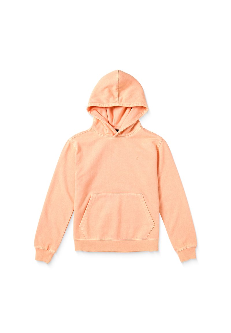 Sweat à capuche en tissu doux de couleur pêche clair. Il présente une poche kangourou à l'avant et des poignets côtelés. Un point de couture simple et un design décontracté.