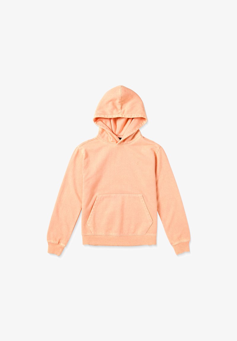 Hoodie z miękkiej, jasnopomarańczowej tkaniny. Posiada przednią kieszeń kangurkę oraz prążkowane mankiety. Proste szwy i swobodny wygląd.