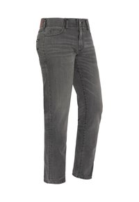 Vaqueros de mezclilla gris con un diseño de pierna recta, que cuentan con bolsillos delanteros, un parche trasero y detalles sutiles de costuras a lo largo de las costuras.