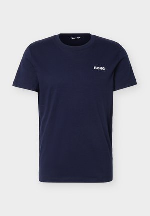 Tummansininen, lyhythihainen, pyöreäkauluksinen T-paita, jossa vasemmassa rinnassa pieni valkoinen "BORG"-logo.