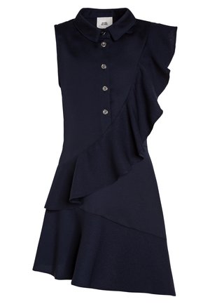 Vestido sin mangas azul marino con cuello, botones en la parte delantera y volantes asimétricos que van desde el hombro hasta el dobladillo.