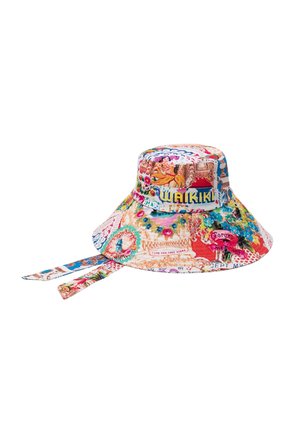 Colorful bucket hat with wide brim and straps, featuring mixed floral and text patterns including the word "Waikiki" in bold letters.