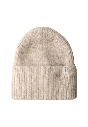 Strickmütze in hellem Beige mit einem gerippten Muster und einem umgeschlagenen Saum. Enthält ein kleines Markenschild auf einer Seite.