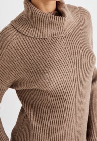 Gros plan sur une personne portant un pull en maille côtelée marron avec un large col roulé.