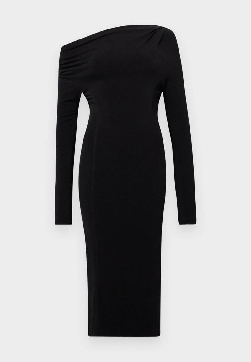 Czarna sukienka z długim rękawem i krojem na jedno ramię. Wykonana z gładkiego materiału, dopasowany fason, z delikatnym marszczeniem przy ramieniu.