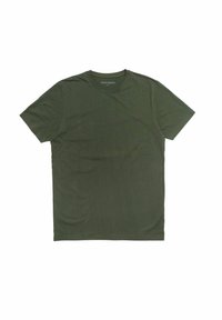 Olijfgroene t-shirt met korte mouwen van zachte stof, met een ronde halslijn en een eenvoudig, onopgesmukt ontwerp.