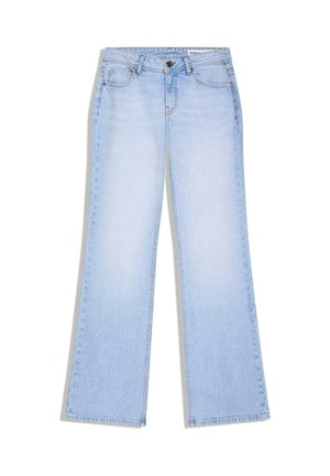 Svetlo modre kavbojke z visokim pasom in ravnim krojem hlačnic, z zapiranjem na gumb in zadrgo ter žepi spredaj in zadaj.