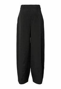 Czarne spodnie o szerokich nogawkach wykonane z gładkiego materiału. Charakteryzują się wysokim stanem, bocznymi kieszeniami oraz czystą, dopasowaną sylwetką.