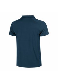 Marineblå polo skjorte med en solid tekstur, korte ermer og kragehals. Har en klassisk rett snitt og minimal detaljering.