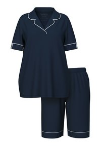 Marineblaues Pyjama-Set mit kurzen Ärmeln und weißer Paspelierung, bestehend aus einem Oberteil mit Kragen und Shorts mit elastischem Bund.