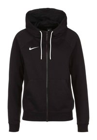 Zwarte rits-hoodie gemaakt van een katoenmix. Heeft een trekkoordkap, voorzakken en een wit Nike-logo op de linkerkant van de borst.