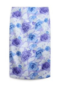 Jupe droite avec un motif floral aquarelle dans des tons de bleu, violet et blanc sur un fond violet clair.