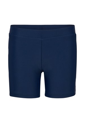 Granatowe, dopasowane spodenki sportowe z szerokim pasem i długością do połowy uda, zaprojektowane do aktywnego noszenia.