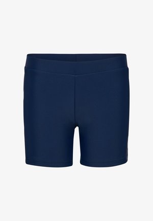 Granatowe, dopasowane spodenki sportowe z szerokim pasem i długością do połowy uda, zaprojektowane do aktywnego noszenia.