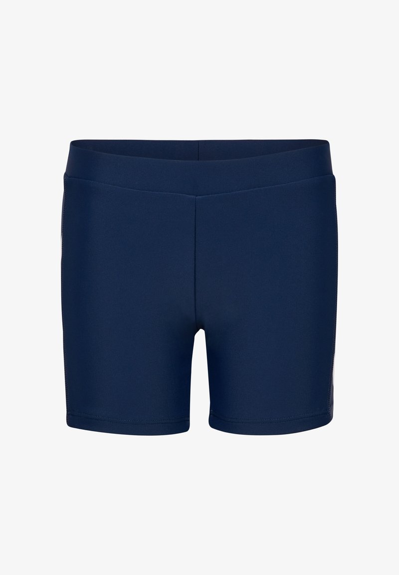 Granatowe, dopasowane spodenki sportowe z szerokim pasem i długością do połowy uda, zaprojektowane do aktywnego noszenia.